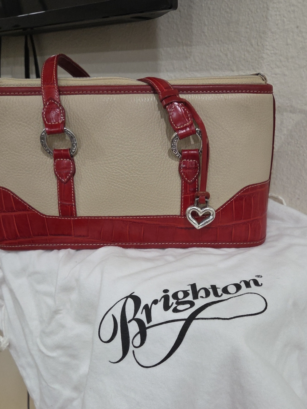 Brighton Cream and Red Satchel with Heart Charm